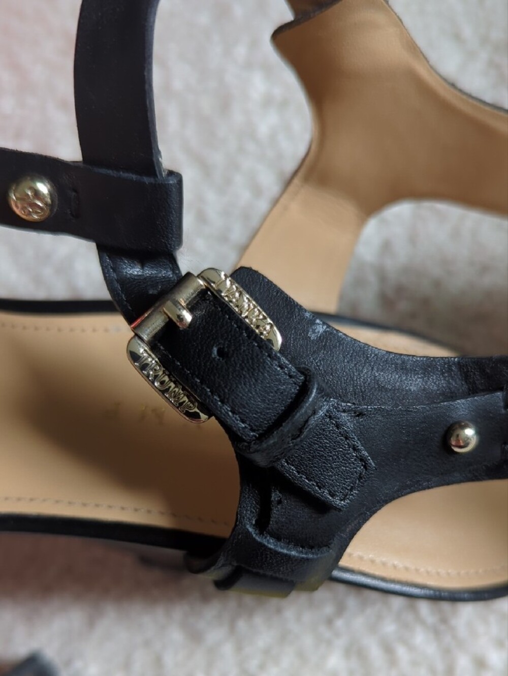 Ivanka Trump Black Leather T-Strap Wedge Sandals with Brown Woodgrain Heel - Picture 14 of 16